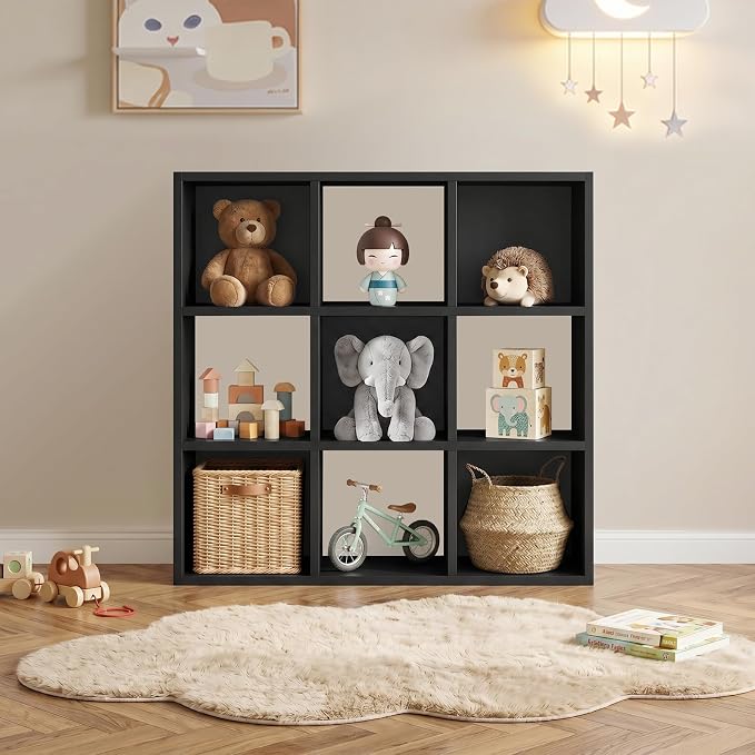 LUCKLIFE 9-Cube Storage Organizer, Stackable Modular Bookcase Shelf with Vertical or Horizontal Use, Fits 11×11" Bins, Optional Back Panels, for Living Room, Office, Black