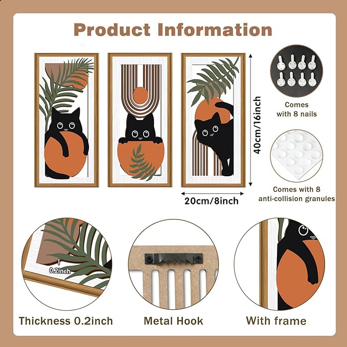 Ausril 3Pcs Boho Black Cat Wall Decor,Boho Cats Wall Art,Mid Century Modern Decor Black Kitty,Abstract Geometric Cats Artwork,Minimalist Botanical Bohemian Cat Wood Art for Home Bedroom Living Room