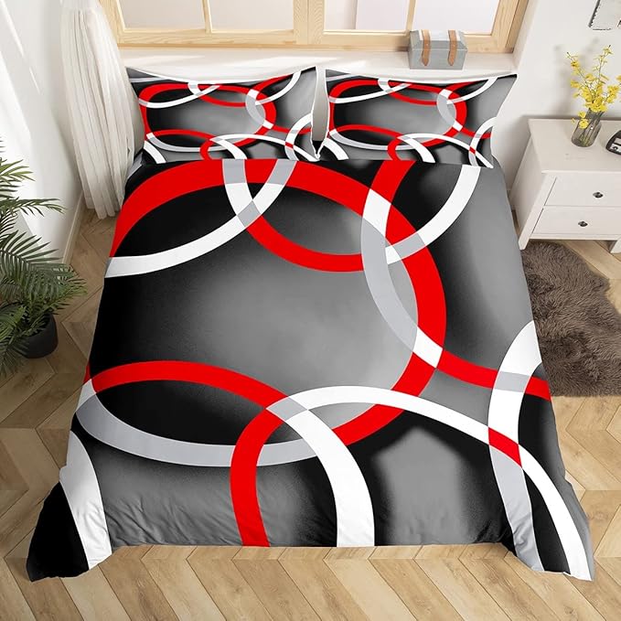 Geometric Bedding Set Modern Retro Circle Grommet Comforter Cover for Kids Adult Abstract Stripe Line Art Duvet Cover Grey Red Black White Stripes Swirl Room Decor 3Pcs Queen Size (No Comforter)