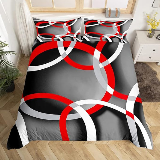 Geometric Bedding Set Modern Retro Circle Grommet Comforter Cover for Kids Adult Abstract Stripe Line Art Duvet Cover Grey Red Black White Stripes Swirl Room Decor 3Pcs Queen Size (No Comforter)