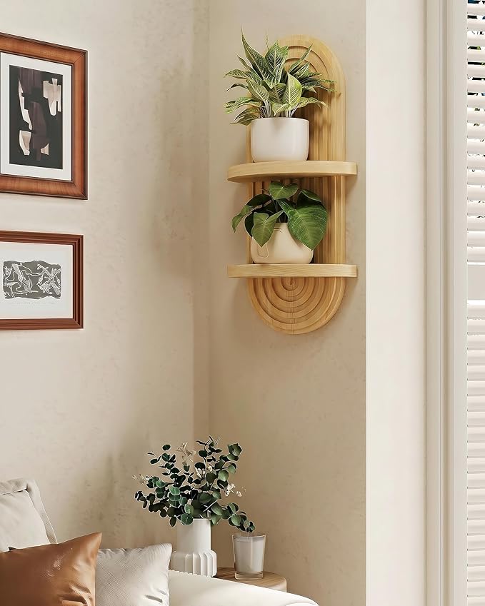 Bamworld Boho Wall Decor Plant Wall Shelf Mid Century Modern Decor Hanging 22in Plant Shelf 2-Tier Wooden Floating Shelves Natural