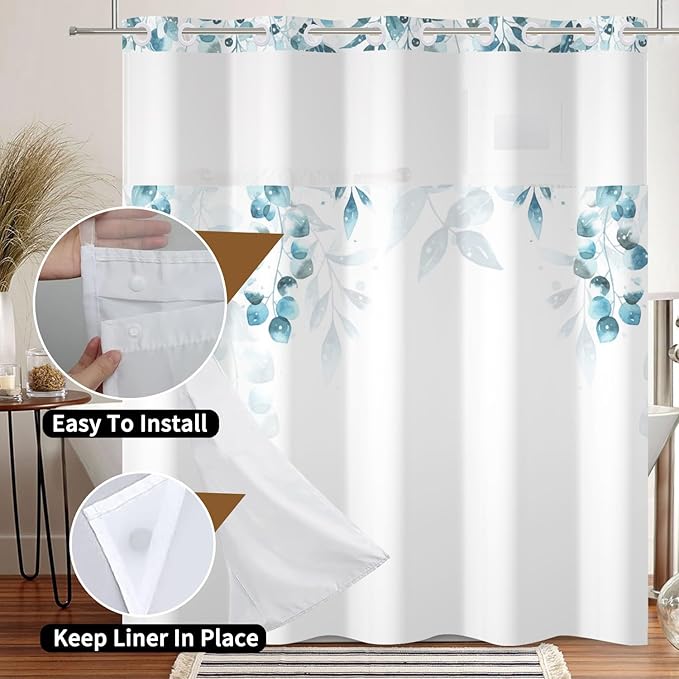 No Hook Shower Curtain with Snap in Fabric Liner Set Hotel Style Blue Eucalyptus Leaves Shower Curtain with Liner for Bathroom Washable 71x74 Inch