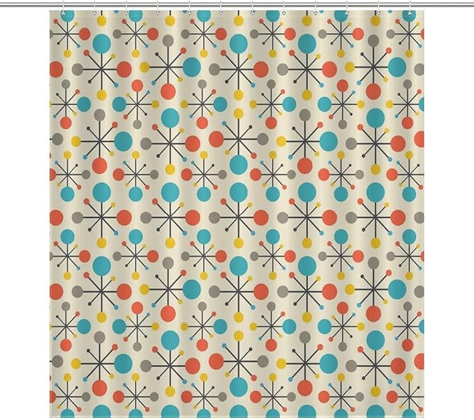 Mid Century Modern Shower Curtain,Atomic Retro Colourful Geometric Polka Dots Stripe Vintage 1950s Bathroom Curtain Polyester Waterproof Fabric Decor 66x72in（168x183cm）