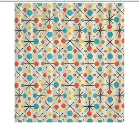 Mid Century Modern Shower Curtain,Atomic Retro Colourful Geometric Polka Dots Stripe Vintage 1950s Bathroom Curtain Polyester Waterproof Fabric Decor 66x72in（168x183cm）