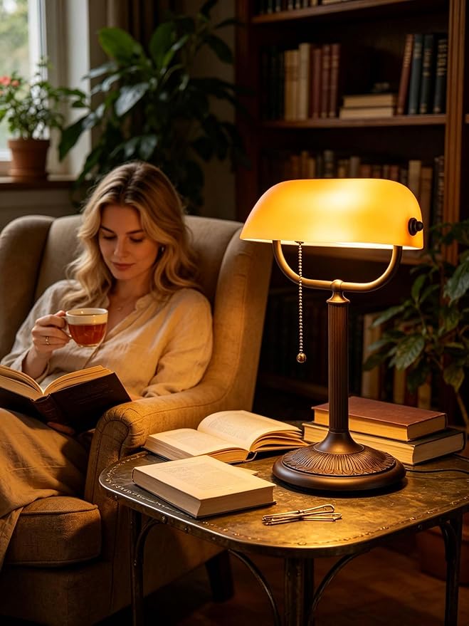 1-Minute Quick-Change Shade Antique Matted Amber Glass Bankers Desk Lamp,Plug in Fixture for Study, Office, Library,LED Bulb Included