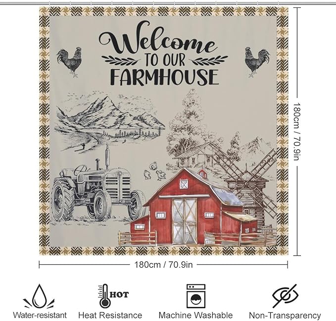 Farmhouse Animal Cabin Shower Curtains Rustic Plaid Buffalo Barn Rooster Waterproof Shower Curtains for Bathroom Decor 12 Pack Hooks 72x72in (183x183cm)