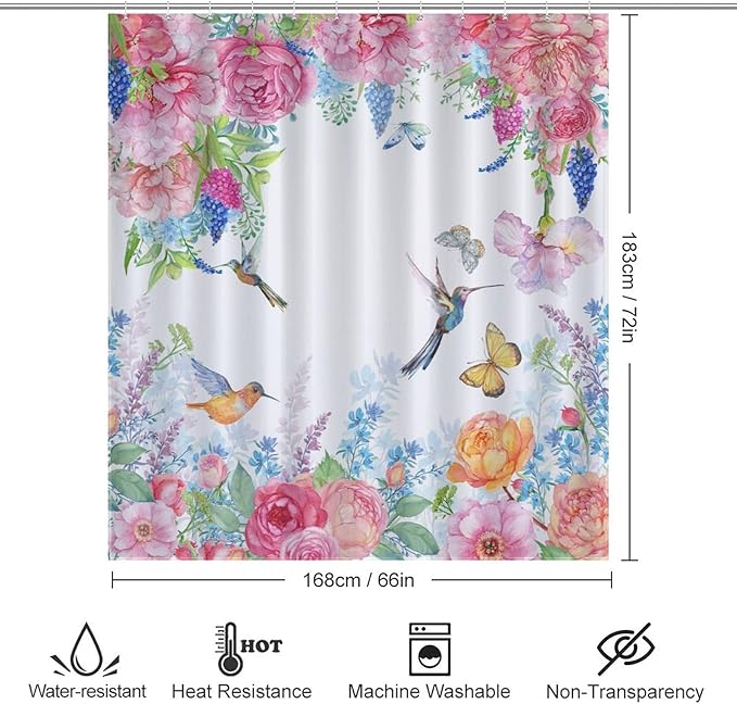 Hummingbird Butterfly Floral Shower Curtain, Spring Watercolor Flowers Blossom Floral Plant Nature Waterproof Shower Curtains for Bathroom Decor 12 Pack Hooks 66x72in（168x183cm）