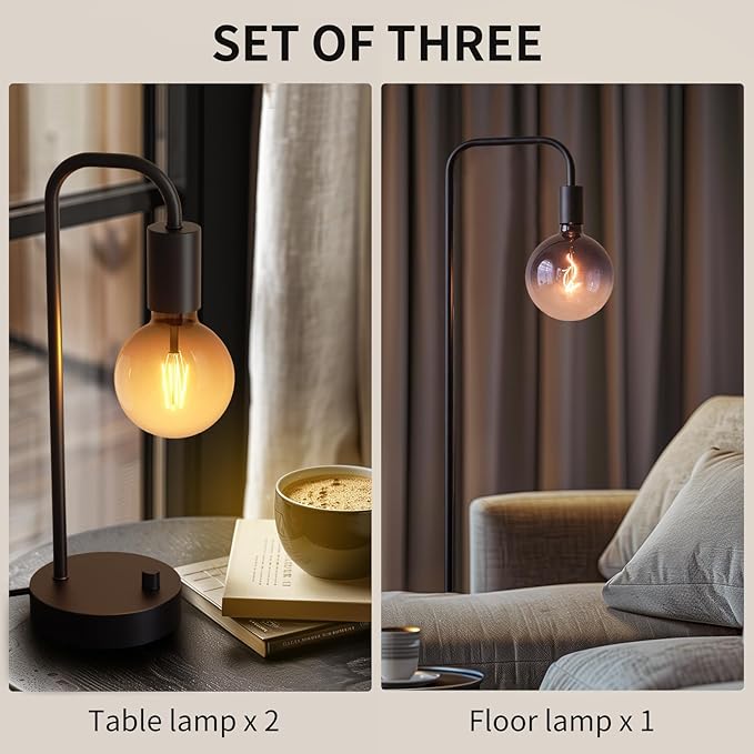 ONEWISH Industrial Lamp Set 3 Piece-1 Floor Lamp and 2 Dimmable Table Lamp- 3 Pack Modern Matching Floor and Table Lamp with Gradient Black Globe Bulb for Living Room,Bedroom(Bulb Included)