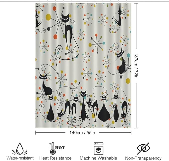 Mid Century Atomic Cat Shower Curtains, Atomic Abstract Geometric Cat Retro Pattern Waterproof Shower Curtains for Bathroom Decor 12 Pack Hooks 55x72in（140x183cm）