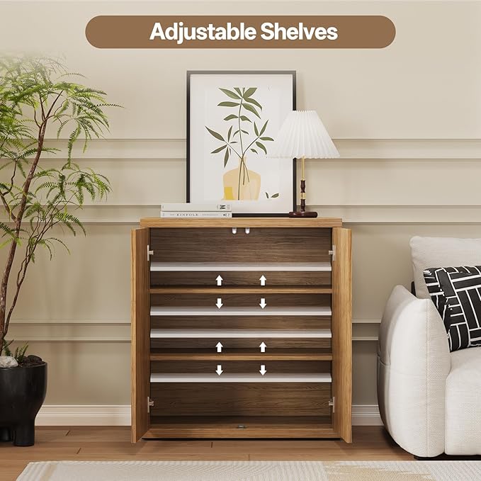 31” Sideboard Cabinet with Storage, Fluted Accent Cabinet with Adjustable Shelves, Modern Wood Credenza Cabinets with Pop-up Doors for Entryway Kitchen Living Room Hallway, Oak