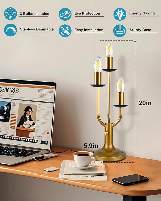 3-Light Dimmable Candelabra Table Lamp with LED Bulbs Included, Vintage Industrial Gold Metal Desk Lamp, Retro Candle Nightstand Light for Bedroom, Living Room, Office, Cafe Decor