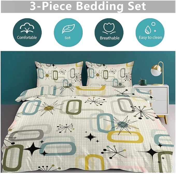 Modern Geometric Bedding Set,Retro Mid Century Colorful Diamond Abstract Geometric Vintage 60s 70s Pattern Comforter Set with Pillowcase for Bedroom Bed Decor，Twin 86"x70"