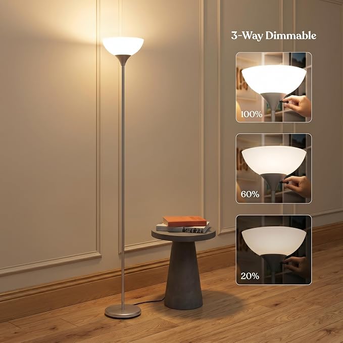 Brightech Sky Dome Dimmable LED Floor Lamp, Torchiere Floor Lamp for Living Room, Bedroom, & Office – Tall Torch Standing Lamp for Reading, Modern Home Decor – Platinum Silver