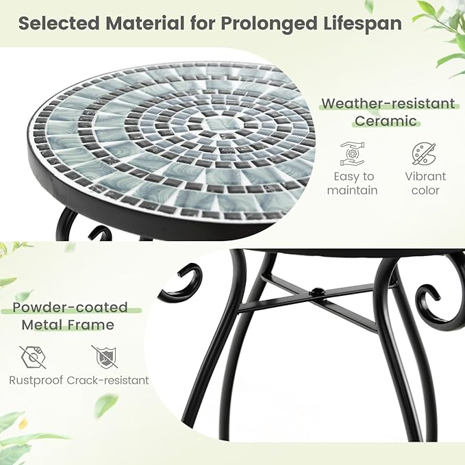 Giantex Outdoor Side Table, Mosaic Patio Table, 12 inch Accent Table Plant Stand Indoor, Ceramic Tile Top Metal Frame, Small End Table Porch Beach Patio Garden Balcony Poolside (Wave)