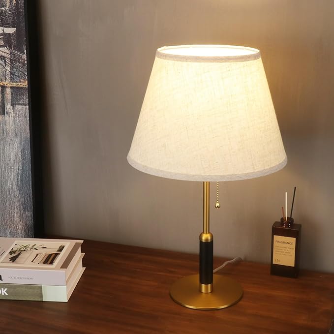 21" Set 2 Modern Bedside Lamp Mid Century Table Lamp, Pull Chain Nightstand Lamp for Bedroom Living Room 3-Color Light, Solid Wood/Metal/Fabric for Home/Office/Desk Decor (Light Brown+Brass)