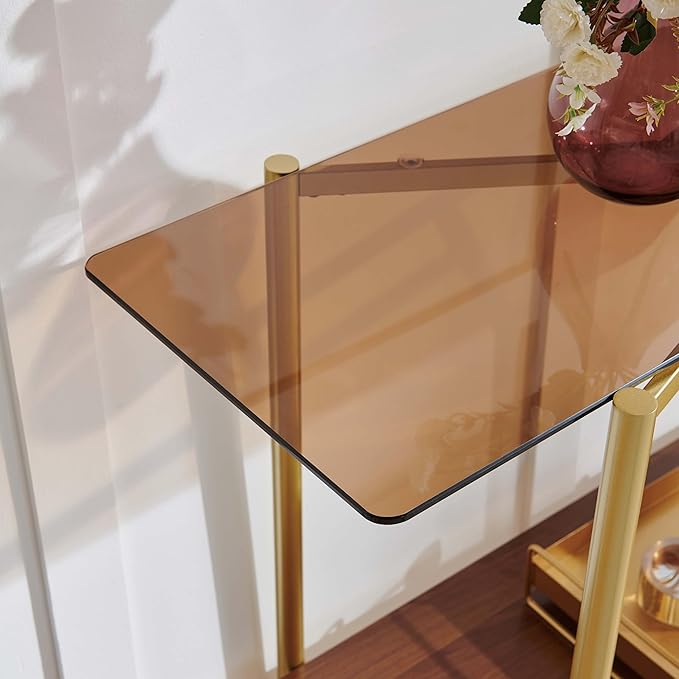 Rectangle Glass Console Table, Mid-Century Modern Design, L41*W14*H32 inch, for Living Room, Amber Glass Top and Walnut Finish Wood Shelf, Conical Metal Legs with Gold Finish