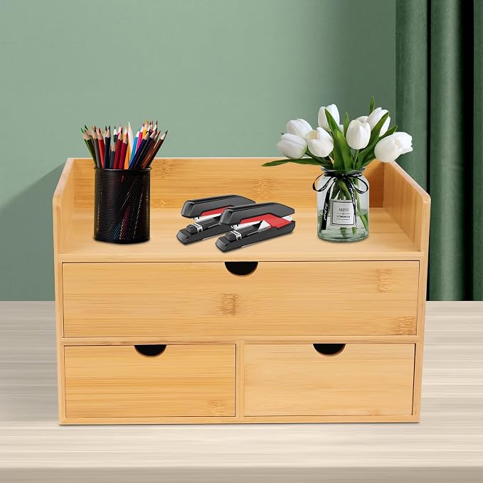 Bamboo Desk Organizer Small Retro Bamboo Tabletop Storage Box with Drawers& Recess Handles for Office Home Supplies Table Storage Collector 12 * 7.87 * 8.27in (3 Drawers/1 Top&2 Bottom)