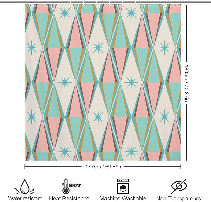 Mid Century Shower Curtain,Modern Abstract Atomic Retro 60s Geometric Fabric Bathroom Decor Curtains with Hooks 72x72in（183x183cm）