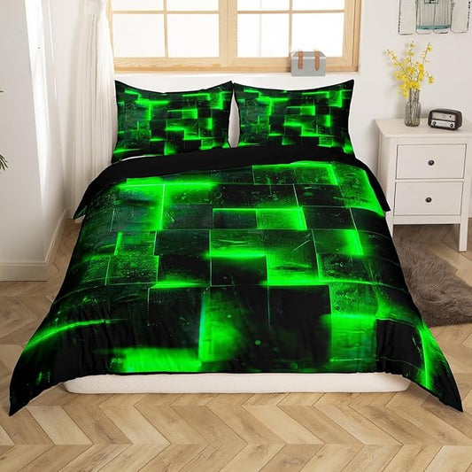 Black Green Abstract Comforter Cover Gradient Square Bed Set, Grid Full Duvet Cover Neon Checkered Bedding Set Full Glowing Plaid Bedspread Cover 3D Modern Room Decor 3pcs (Black Reversible)