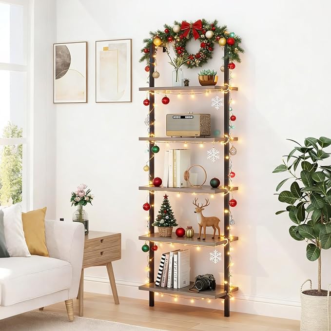 Karl home Ladder Shelf 5 Tier Wall Mounted Bookcase with Metal Frame, Open Design Shelves for Living Room, Bedroom, Home, Gray (23.62" L x 11.81" W x 70.87" H)