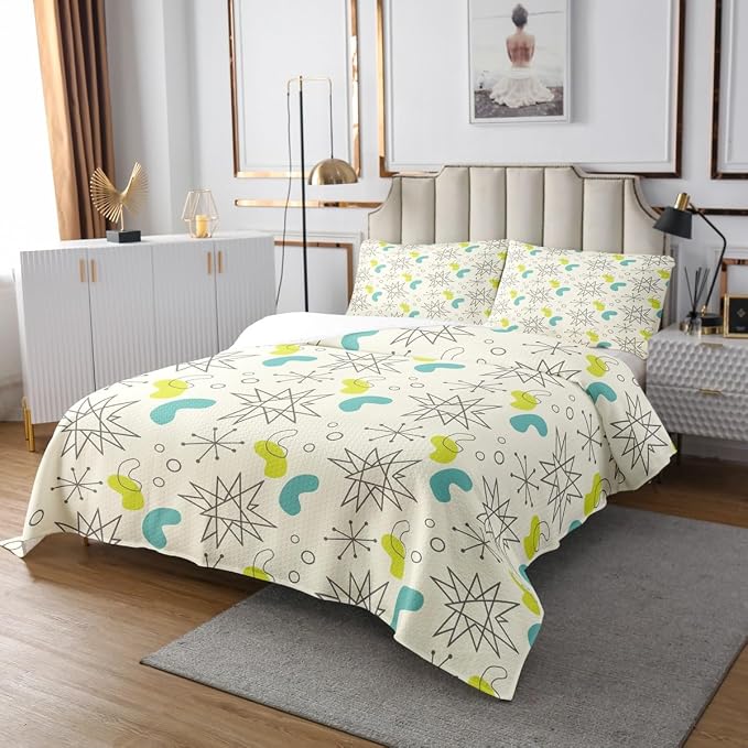 Erosebridal Hippie Minimalism Queen Quilt Set Fifties Old Fashion Coverlet Set, Abstract Atomic Art Bedding Set Beige Teal Aesthetic Bedspread Set, Modern Mid Century Bed Quilt with 2 Pillowcase