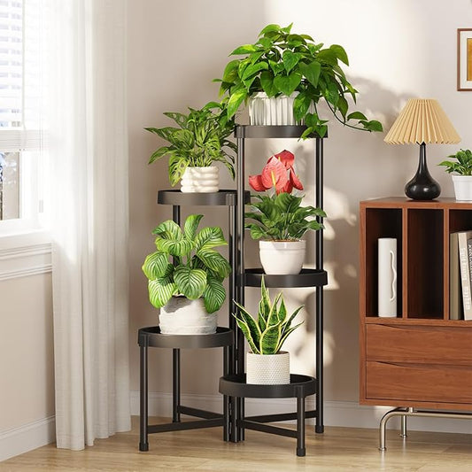 LASZOLA 5 Tiered Plant Stand Indoor Outdoor with Plastic Tray, Corner Folding Tall Flower Display Rack, Modern Plant Holder Shelf for Outdoor Patio Porch Garden Office Living Room, Black