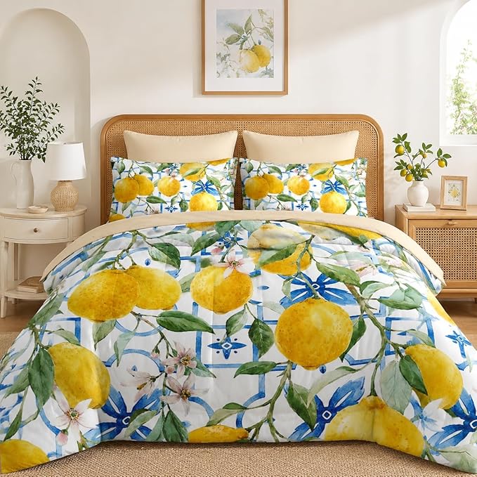 Nesker 7 Pcs Comforter Set Full Size, Lemons Blue Italian Bedding Set for Kids and Adults, Natural Flower Summer Bed Sheet Sets with Fitted Sheet 2 Pillowcases & 2 Shams