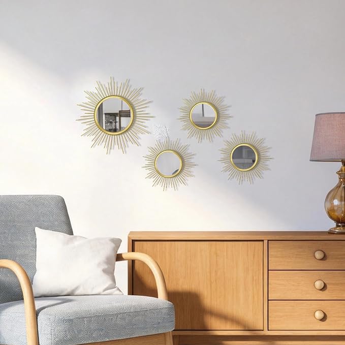 4 Set Metal Sunburst Mirrors for Wall Decor Living Room Bedroom Bathroom Dining Room Boho Gold Decorative Hanging Circle Vintage Art - Gold/Black/Silver 11.8 in/7.8 in