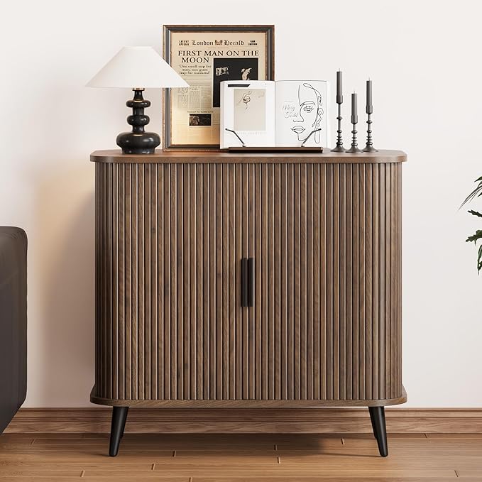 Accent Cabinet with Sliding Doors - Walnut Sideboard Buffet Cabinet with Storage for Coffee Bar, Console Table - MCM Design Bar Cabinets for Modern Home Décor