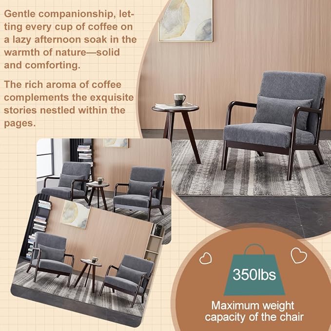 Accent Chairs with Side Table, Mid Century Modern Chair with Pillow, Arm Chair with Solid Wood, Reading Relaxing Leisure Chair for Living Room, Bed Room, Waiting Room, Grey