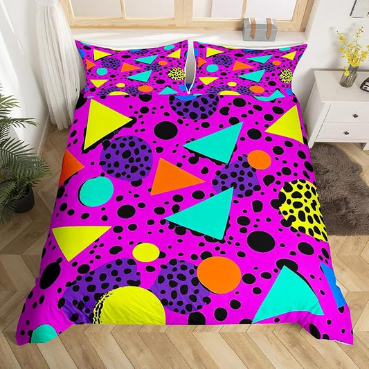 80S 90S Bedding Set Queen Size,Geometric Pattern in Retro Style Duvet Cover Eighties Memphis Comforter Cover Geometric Abstract Colorful Design With Dots Funky Quilt Cover Fashion 1980S Home Decor