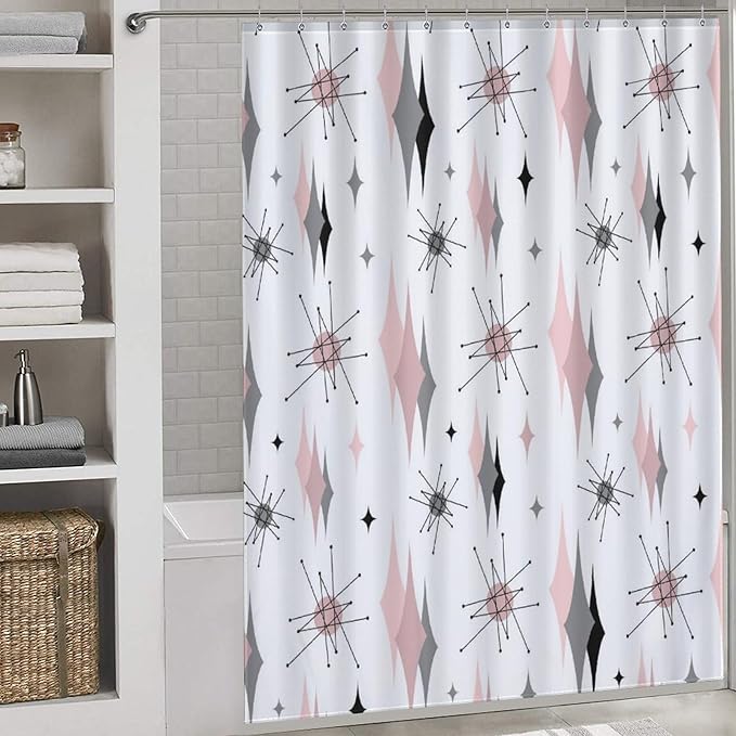 Mid Century Modern Shower Curtain, Pink Gray Geometric Atomic Abstract Pattern 1950s 1960s Retro Vintage Style Waterproof Fabric Bathroom Shower Curtain Set with Hooks, 72"x84" Inch