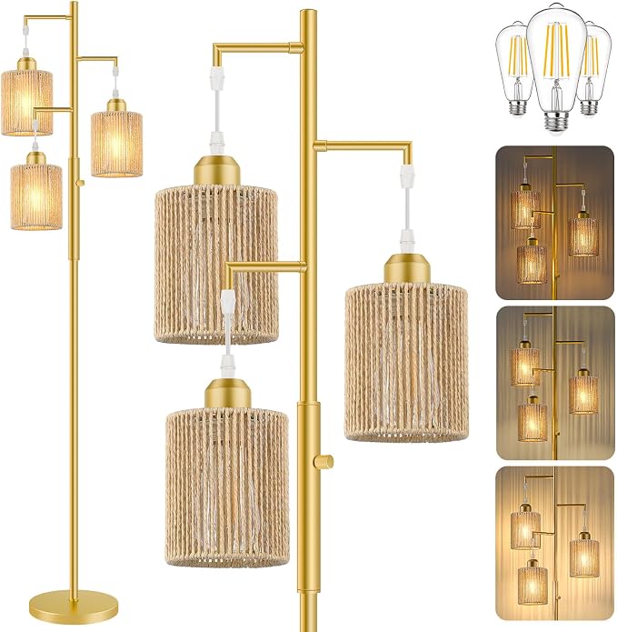Hotsonic 72" Tall Boho Rattan Style Floor Lamp with Hand-Woven Paper Cord Shade, Dimmable Industrial Tree Standing Lamp for Living Room, Bedroom, Study Room, Office (3 x 800LM Bulbs Included) - Gold