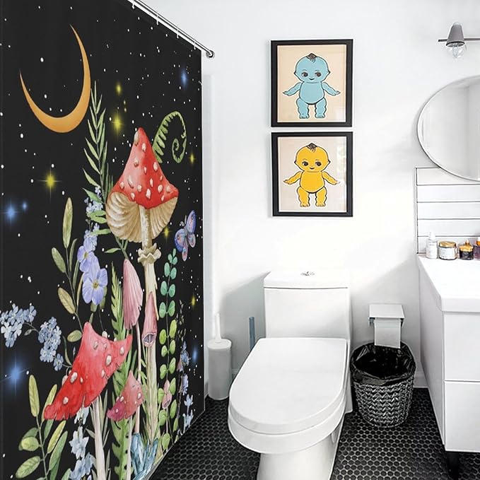 Mushroom Shower Curtain for Bathroom, Magic Gothic Fairy Forest Botanical Vintage Mushroom Wildflower Plants Herbs Farmhouse Country Waterproof Fabric Shower Curtain Set with Hooks, 72"x84" Inch