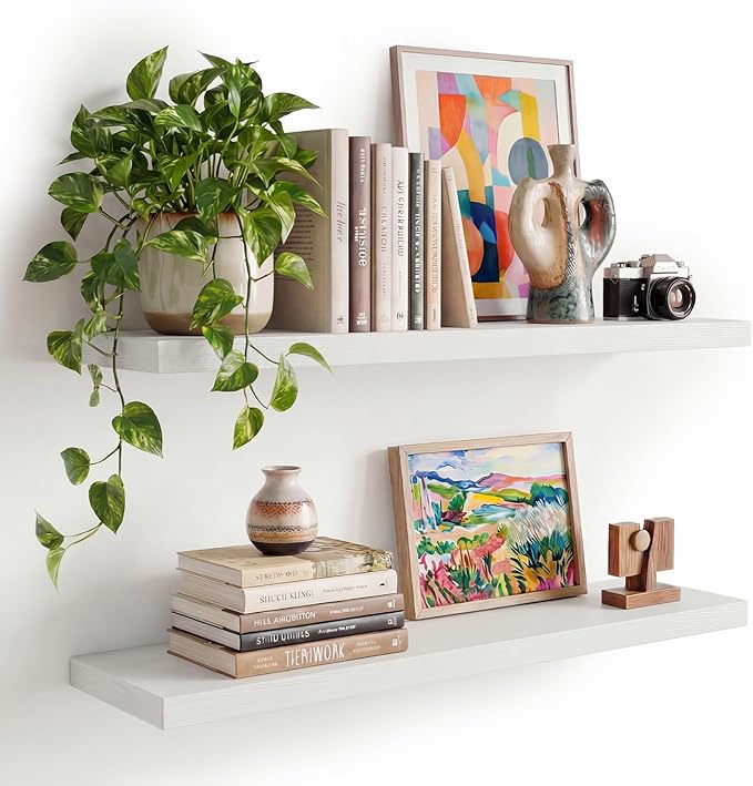 INHABIT UNION White Floating Shelves Set of 2, 35in Wall Mounted Display Ledge Shelves for Bedroom Bathroom Living Room and Kitchen Decoration Storage