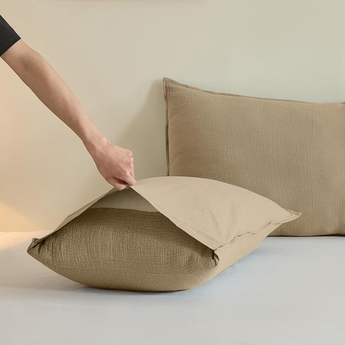 Simple&Opulence Linen Muslin Duvet Cover Set Twin Size, 3Pcs Camel Linen Cotton 3-Layer Gauze Minimalist Comforter Cover 68”x86”, Ultra Soft Breathable Seersucker Bedding Set with 1 Pillowcase