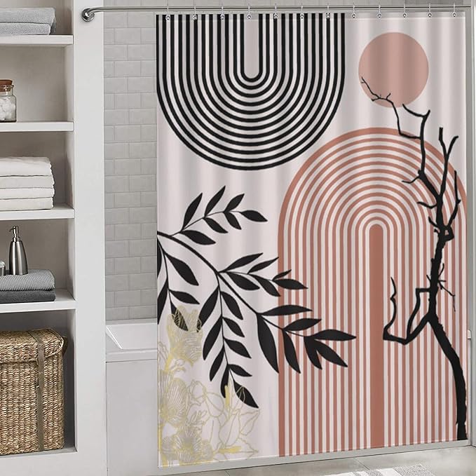 Abstract Mid Century Plant Shower Curtain Boho Retro Tropical Sun Arch Minimalist Modern Aesthetic Geometric Washable Waterproof Fabric for Bathroom Decor Bathtub with 12 Hooks 66x72in（168x183cm）