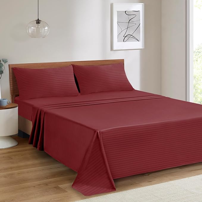 Mejoroom Striped King Size Bed Sheet Set - Hotel Luxury 1800 Bedding Sheets & Pillowcases - 16" Deep Pocket Fitted Sheet, Soft, Breathable, Wrinkle & Fade Resistant - 4 Piece(Burgundy)