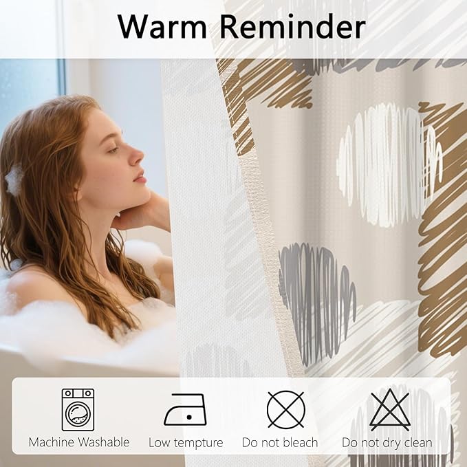 No Hook Shower Curtain with Snap in Liner - Neutral Brown Gray Waterproof Fabric Shower Curtains, Modern Abstract Bathroom Decor with See Through Mesh Top Window, 71x74 Inch