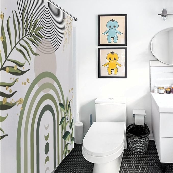 Boho Plant Shower Curtain,Mid Century Green Plant Leaves Shower Curtain Set for Bathroom,Bohemian Modern Abstract Minimalist Fabric Bath Curtain with Hooks,72x84Inch