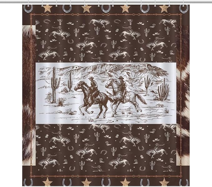 Western Horse Cowboy Shower Curtain for Boys Men Kids Teens Rustic Country Wild West Waterproof Shower Curtains for Bathroom Decor 12 Pack Hooks 66x72in（168x183cm）