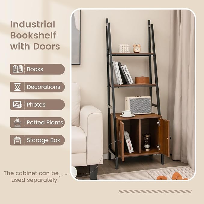 Tangkula 4-Tier Ladder Shelf with Cabinet, 63” Tall Bookshelf, Industrial Bookcase with Metal Frame, Floor Display Shelf Storage Rack for Living Room Study Home Office (2, Rustic Brown)