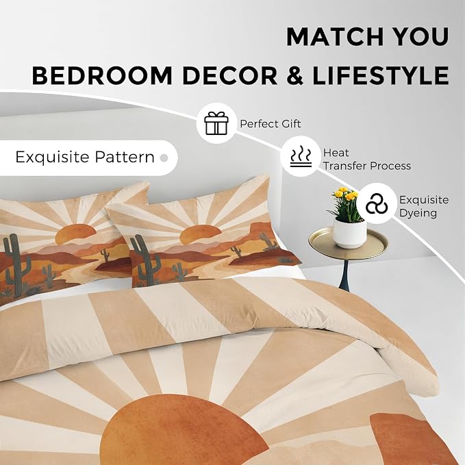 Boho Sun Duvet Cover King Size, Mid Century Bedding Set 3 pcs with 2 Pillow Covers, Retro 70s Bedroom Decor, Soft Microfiber Reversible, Zipper & Ties KJJT 81