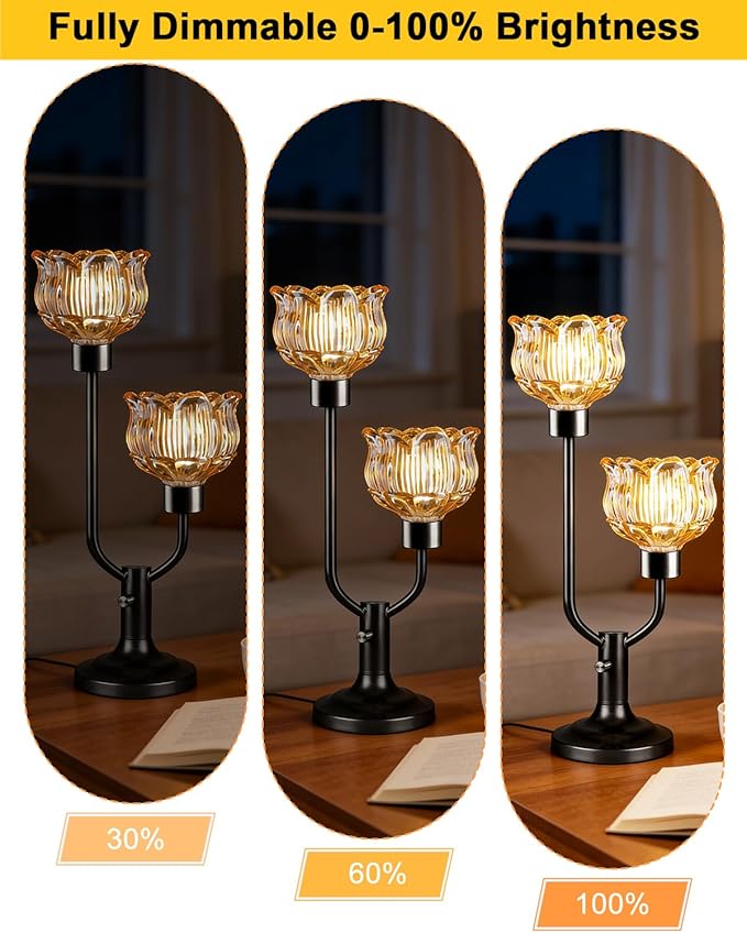 Lightdot Mid Century Modern Table Lamp for Living Room Dimmable Black Flower Desk Lamp Amber Glass Vintage Nightstand Lamp 2 Bulbs Included Warmwhite Ambient Bedside Lamp for Bedroom Home Office Decor