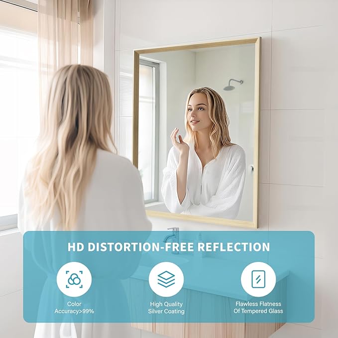 Oak Wood Effect Framed Wall Mirror, 24x32 Rectangle Mirror, 1/8" Anti-desilvering Tempered Glass, Sustainable& Sturdy Frame, Anti-Rust, HD Reflection &3min Fast Setup for Bathroom Living Room
