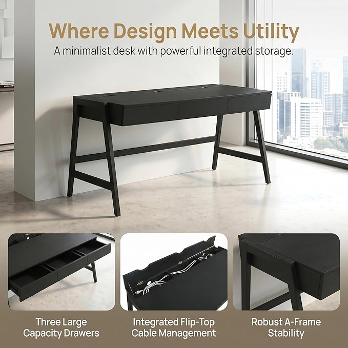 ROCITY Black Wood Desk with Drawers Home Office Desk Mid Century Modern Writing Table for Bedroom Vanity Living Room Study Workstation