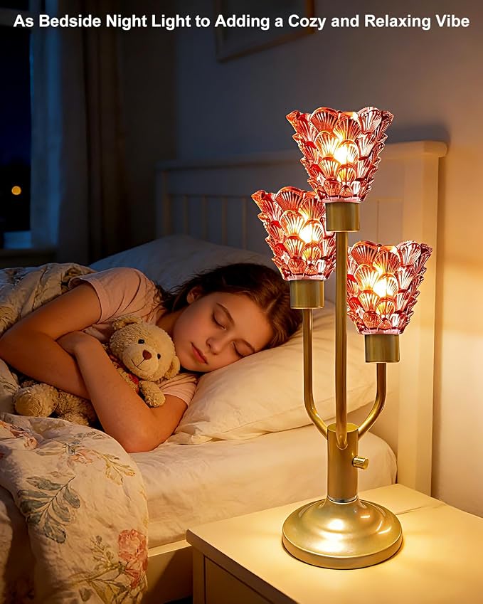 Lightdot Mid Century Modern Table Lamp for Living Room Dimmable Nightstand Lamp Red Glass Vintage Gold Desk Lamp 3 Bulbs Included Warmwhite Ambient Bedside Lamps for Bedroom Home Office Decor Gift