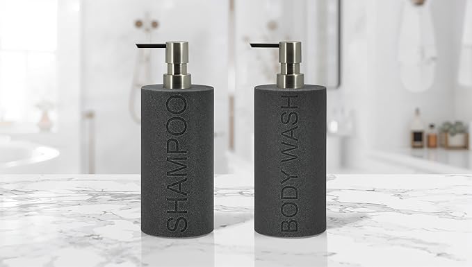 Resin 2 Pack Shampoo, Conditioner or Body Wash Dispenser Set, Luxurious Refillable Pump Bottles with Matte Pump Top and Embossed Text, Durable Design for Bathroom and Shower
