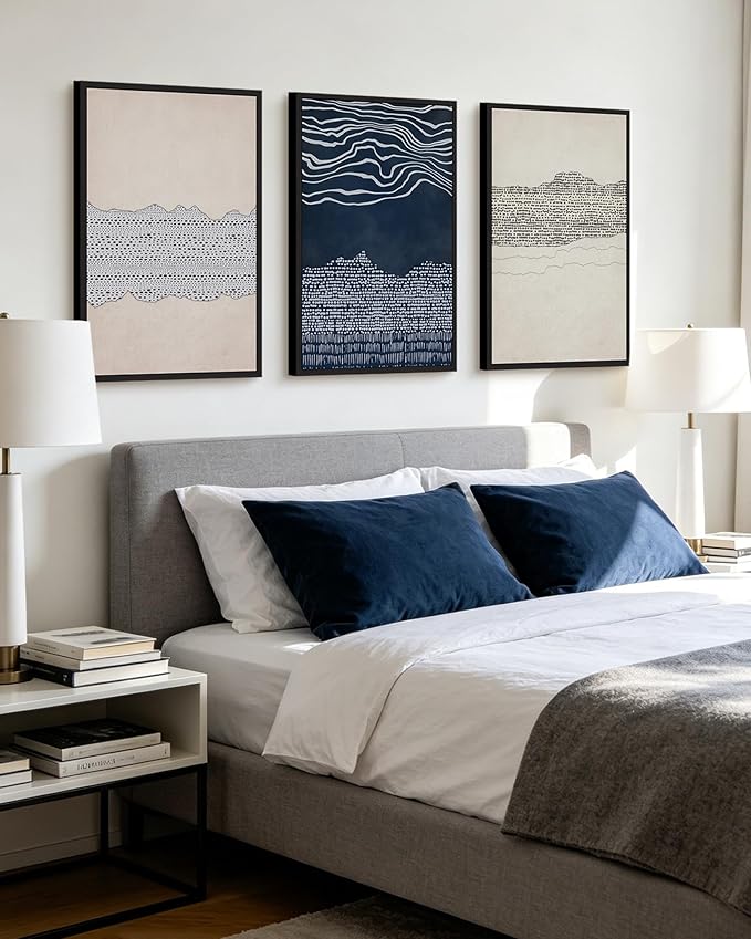 KUVIOKE Navy Blue Abstract Framed Wall Art Modern Neutral Minimalist Wooden Pastel Boho Wall Decor Farmhouse Rustic Art Painting Home Decor 24x36in (Black Framed)