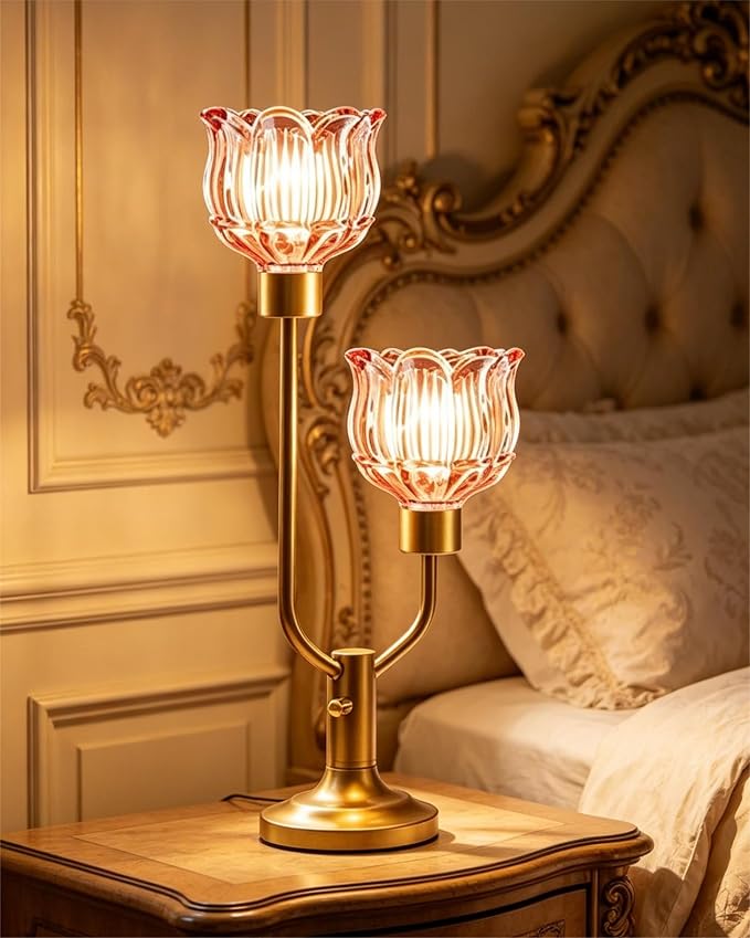 Lightdot Mid Century Modern Red Table Lamp Dimmable Vintage Gold Flower Desk Lamp Lotus Glass Nightstand Lamp 2 Bulbs Included Warmwhite Ambient Bedside Lamps for Living Room Bedroom Home Office Decor